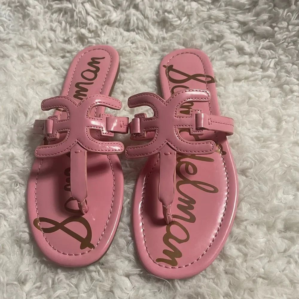 Sam Edelman CarterSynthetic patent pink slip on thong Sandals. SZ 7Rubber soles